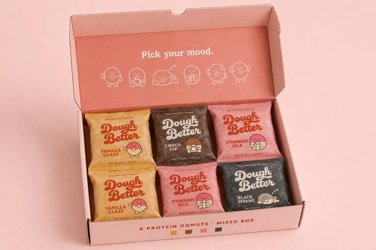 열린 6입 믹스 박스 — 붉은 뚜껑 안쪽에 Pick your mood.와 마스코트 6포즈 라인, 안에 플레이버 색 개별 포장 6개