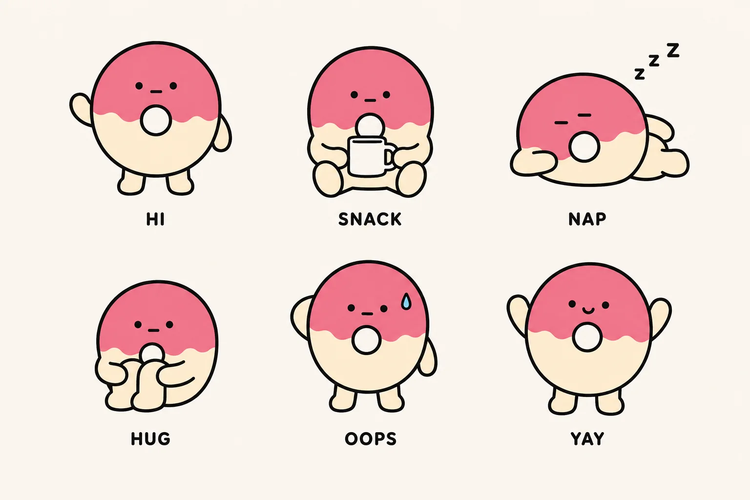마스코트 시트 — 두꺼운 외곽선과 플랫 채색, 점 눈의 링 도넛 캐릭터 6포즈: HI, SNACK, NAP, HUG, OOPS, YAY