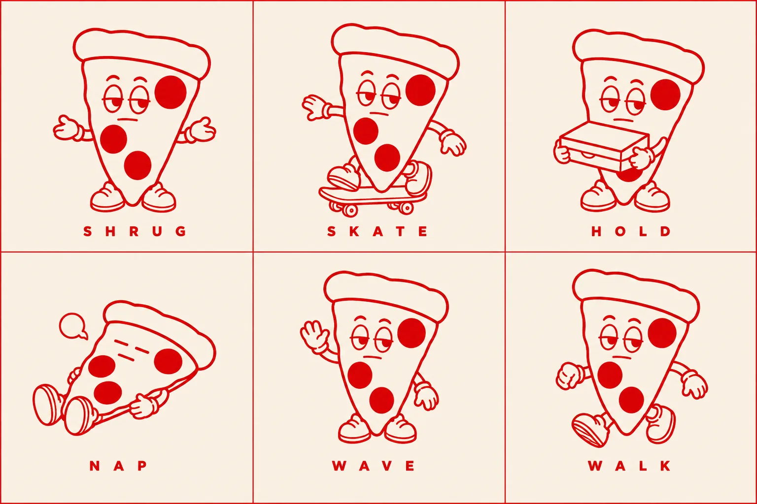 크림 시트 위 레드 균일 라인 슬라이스 캐릭터 6포즈 — SHRUG, SKATE, HOLD, NAP, WAVE, WALK — 반쯤 감은 눈, 뭉툭한 손발