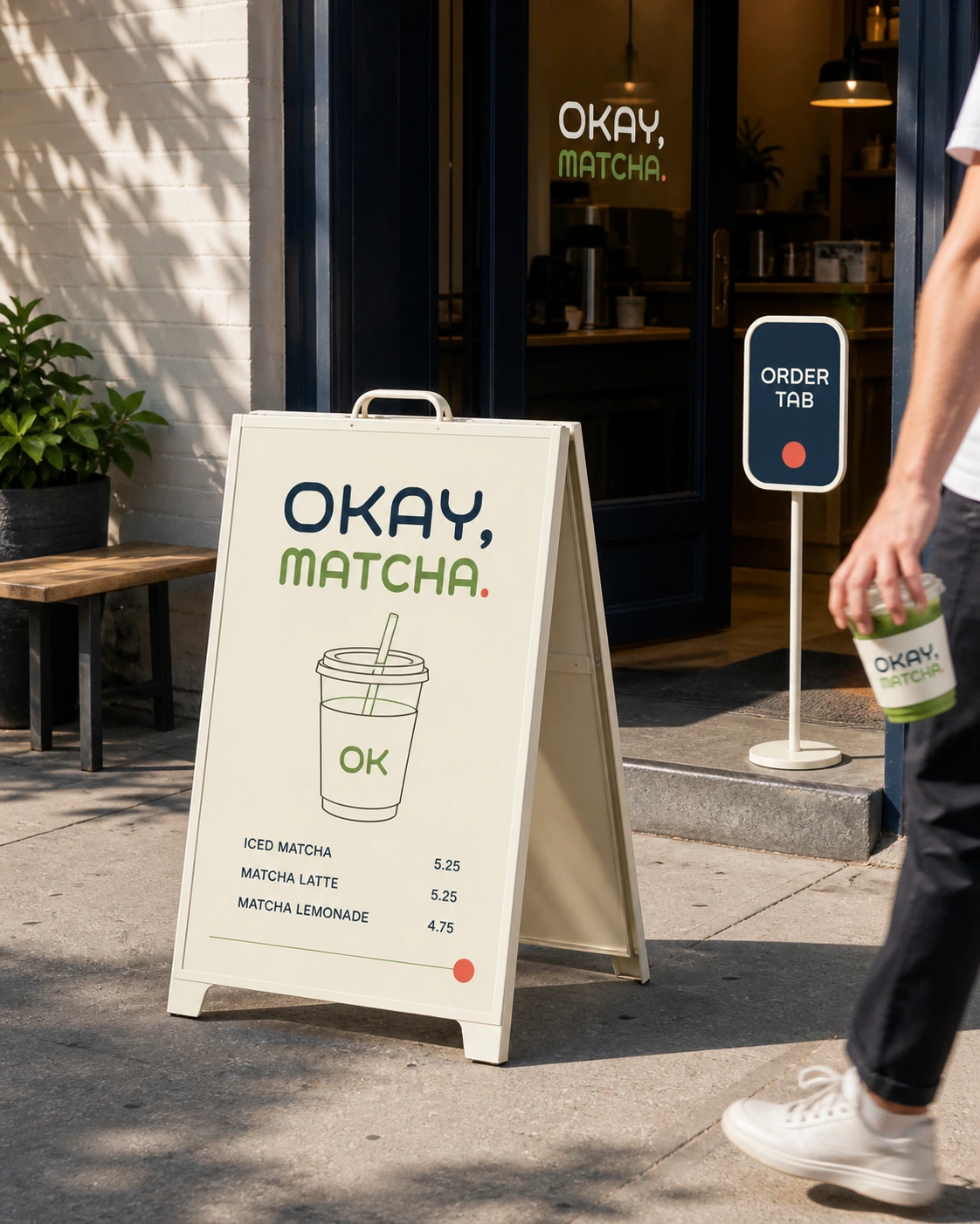 OKAY MATCHA 매장 앞 A프레임과 ORDER TAB 주문 표지