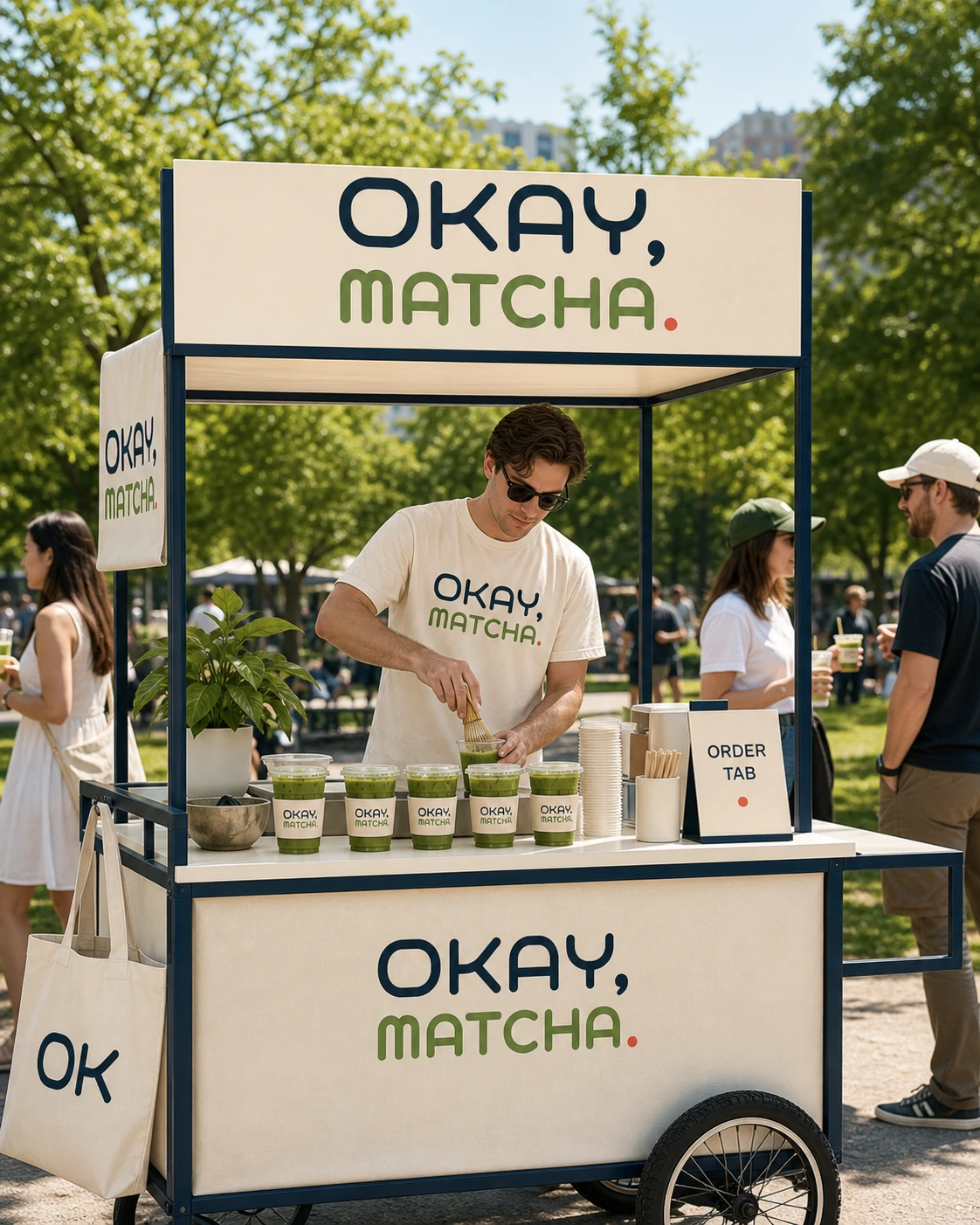 공원에서 운영되는 OKAY MATCHA 이동형 팝업 카트와 바리스타