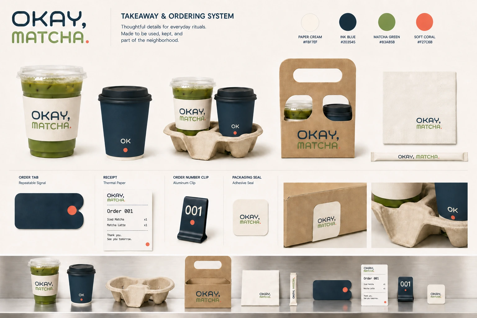 OKAY MATCHA 아이스컵, Ink Blue 핫컵, 캐리어, 주문 카드로 구성된 테이크아웃 및 주문 시스템