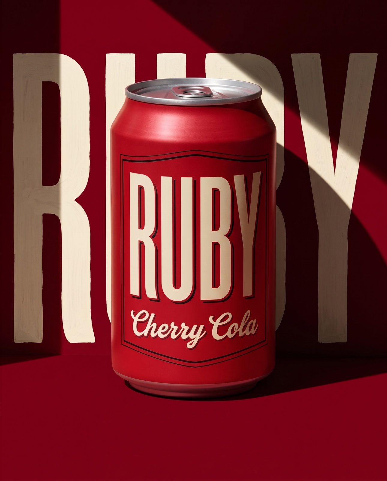루비 체리 콜라 캔 히어로 컷 — 딥레드 배경에 페인트 타이포 RUBY, 하드섀도