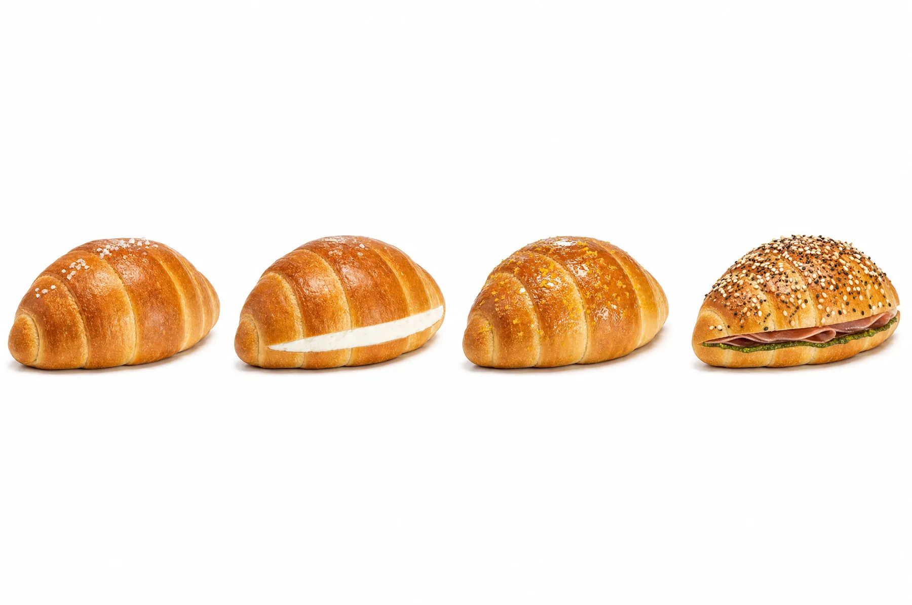 SALTY BUDDY BAKERY 대표 소금빵 4종이 흰 배경에 나란히 놓인 제품 라인업
