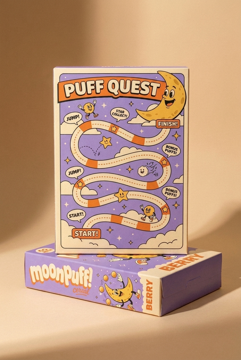 PUFF QUEST 보드게임이 인쇄된 시리얼 박스 뒷면 스토리 컷