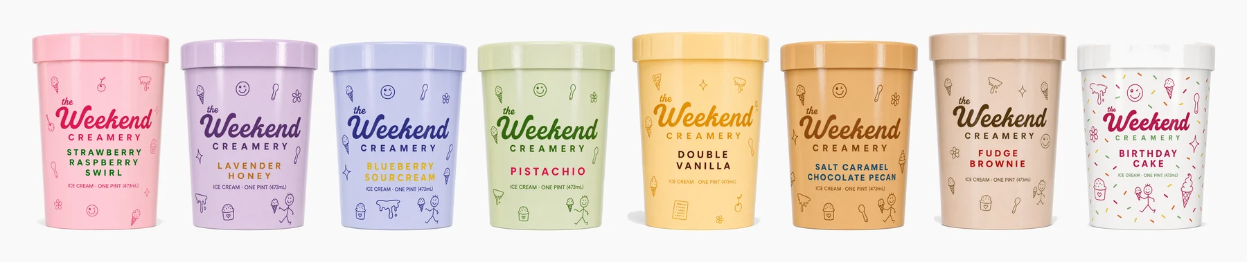 THE WEEKEND CREAMERY 파인트 8종이 맛별 파스텔 색으로 나란히 놓인 라인업