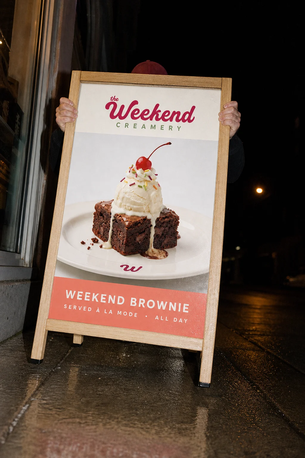 밤 보도에서 두 손이 아직 윗변을 쥔 채 놓이는 중인 THE WEEKEND CREAMERY 입간판